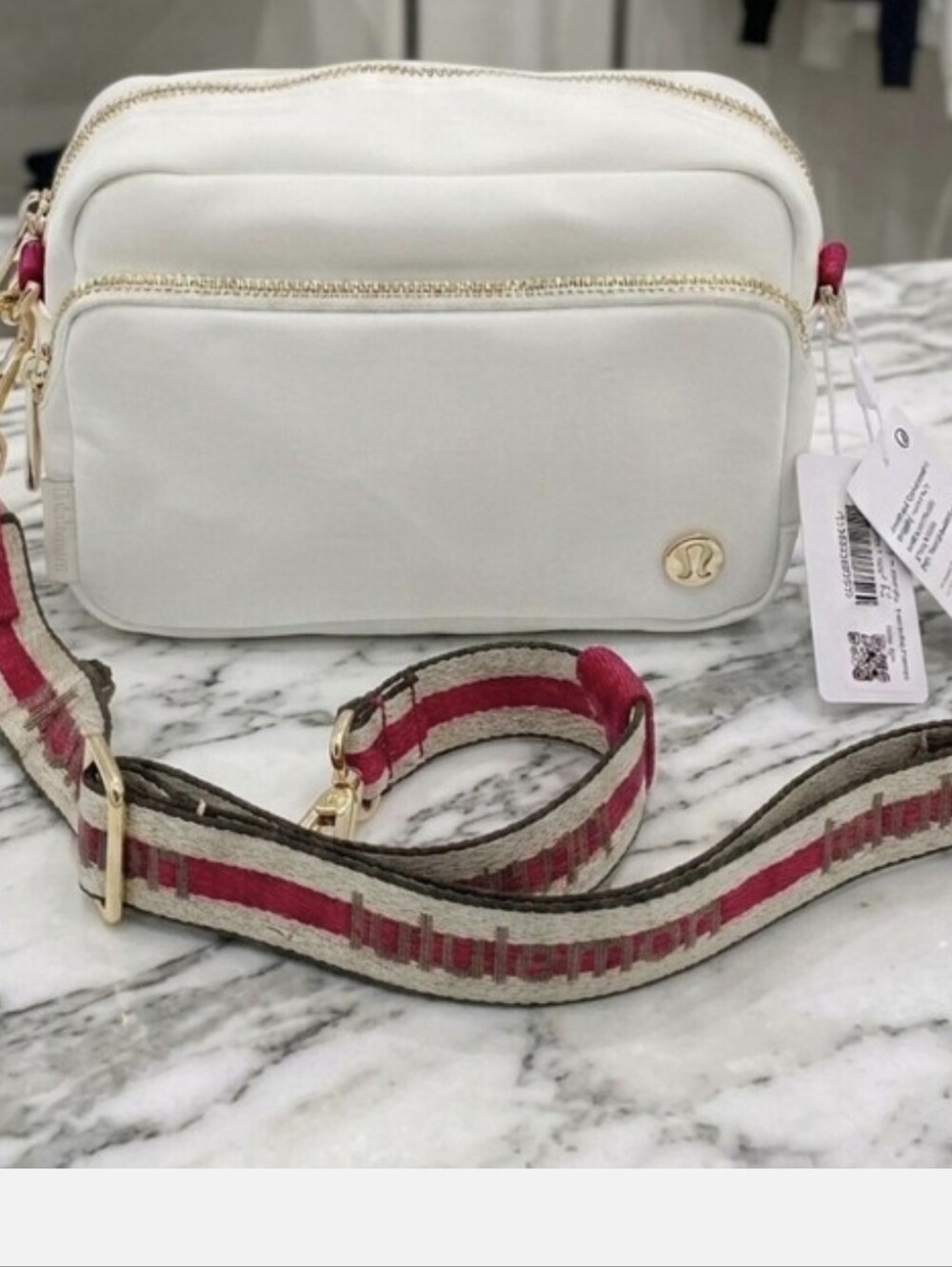 Lululemon Ivory Crossbody Bag 2L Oxford Red Striped Wordmark & Gold Hardware